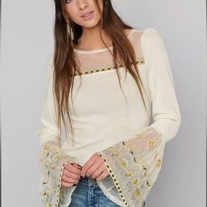Free People High Tides Size XS Ivory Knit Bell Sleeve Top Embroidered